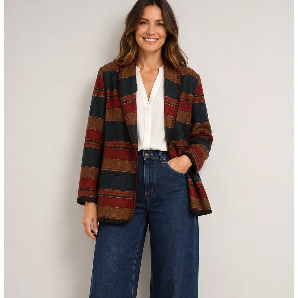 90s HUNT CLUB Wool Southwestern Blanket Jacket Green Red Striped Riding M NWT